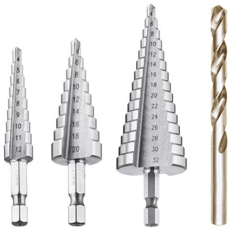 Foret Etagé, Foret Fraise Metal HSS 4PCS 4-12/20/32mm Meche Etage Perceuse Acier Fraise Forage Conique Triangle avec Revêtement Titane Visseuse Percage pour Acier/Bois/Laiton/Plastique/PVC