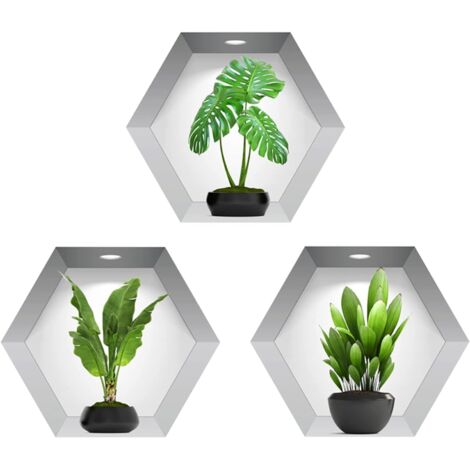Autocollants muraux de vase 3D, autocollants muraux de plantes, autocollants muraux 3D, autocollants muraux de vases pour le salon (paquet de 3)