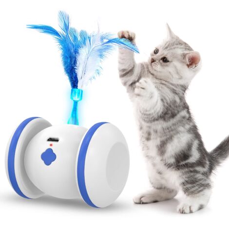 Jouet interactif pour chat d'intérieur, 4 plumes, rechargeable par USB, rotation automatique à 360 degrés, jeu intelligent pour chat avec lumière LED (bleu) (1/5)