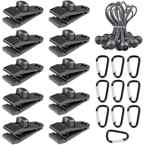 30 Pièces Clip de Tente Clips de Bâche Pince pour Auvent Pinces pour Bache avec Corde à Billes Élastique et Mousqueton pour Camping en Plein Air Tentes Auvents
