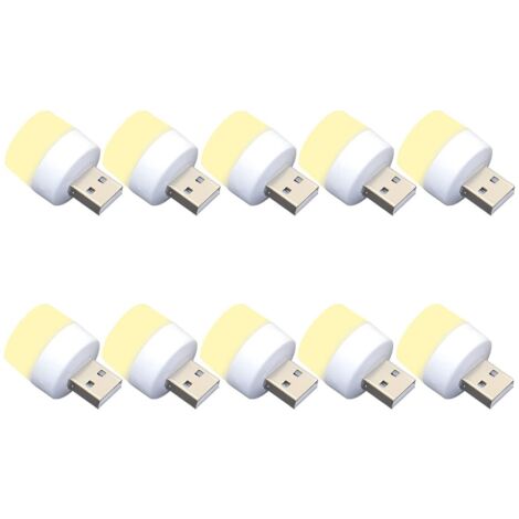 Lot de 10 veilleuses LED, USB, 1W, 5V-1A, 6000K, 110lm, lumière chaude