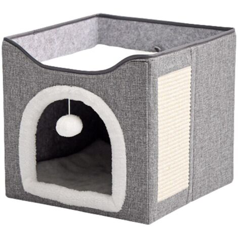 Niche pour chat double couche, pliable, douce et moelleuse, respirante, légère, matériau MDF/velours/lin, gris foncé/blanc (1/5)