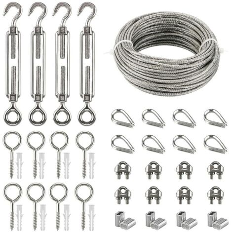 Kits de Câble en Acier Inox, 20m Câble Acier Galvanisé, Kit de Câble Métallique avce Tendeur Oeil-crochet M5, Attaches pour Câbles Métalliques, Manchons de Sertissage, Pitons Fermé, Cosse Coeur