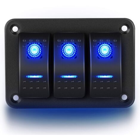 90017C 3 gangs panneau en aluminium bascule tableau de bord 5 broches marche/arrêt support d'interrupteur à bascule pré-câblé pour voiture automobile bateau marin, 2 ans de garantie, bleu