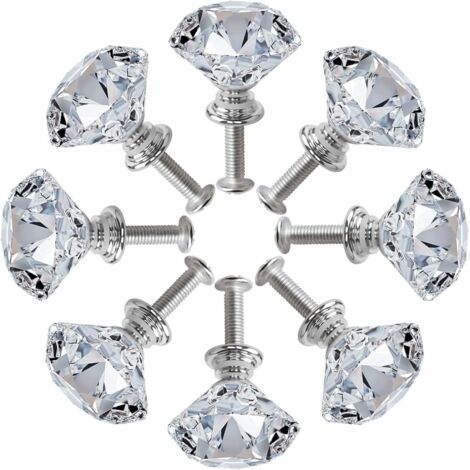 Lot de 8 boutons de porte d'armoire en cristal argenté, en alliage de zinc taillé au diamant avec boutons à vis pour placards, armoires, tiroirs, commode, décoration intérieure
