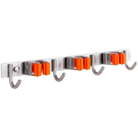 Porte Balai Mural Multifonctions, Auto-Adhesif Mop Balai Support, 304 Brossé Inoxydable, pour accrocher Les Outils, 3 Emplacements et 4 Crochets