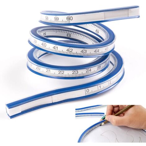 Regle Flexible en PVC + Métal 60cm Règle Courbe Cintrable Clairement Flexible Curve Règle Deux Escalader Portable pour Bureau Ecole Studio Dessin Technique Vêtement Menuiserie - Bleu