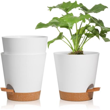 3 Pcs Pots de Fleurs, Blanc 16.5cm Auto Arrosant, Pot Plante Intérieur de Système d'arrosage