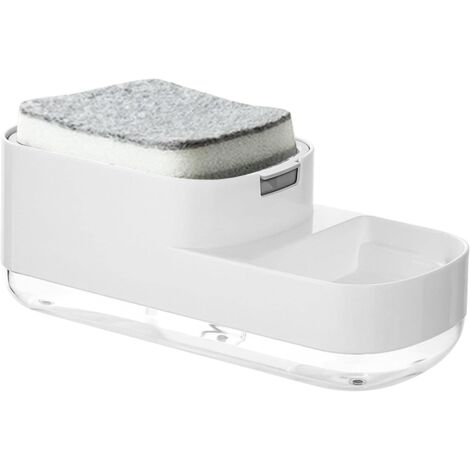 Distributeur de savon à vaisselle, distributeur de savon pour évier de cuisine, distributeur de liquide vaisselle 2 en 1 avec porte-éponge, équipé d'une éponge et adapté pour évier de cuisine (blanc)