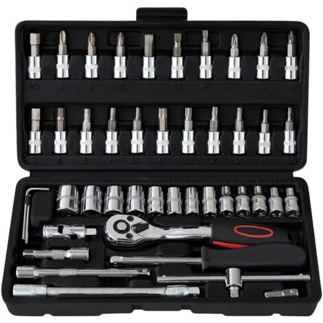 46 pcs Cr-V Kit de Cle plate a cliquet et Clé à douille,Clé à Cliquet 1/4" 72 dents,Clé plate à cliquet avec Boite a outils