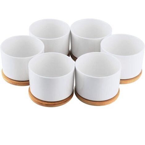 Pot de Succulent en Céramique Blanc Pots de Fleurs Petit Pot Conteneuravec Plateau en Bamboo(6pcs)