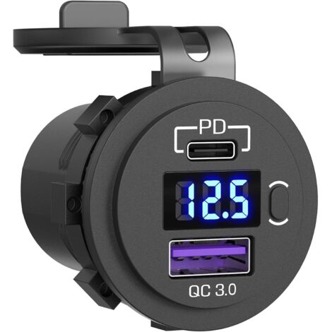 Prise de Chargeur de Voiture, Prise de Voiture, avec Voltmètre à LED et Interrupteur Chargeur de Voiture Rapide pour Voiture, Bateau, Camion