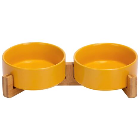 Lot de 2 gamelles orthopédiques doubles chat avec socle en bois antidérapant, en céramique, 13 cm, jaune