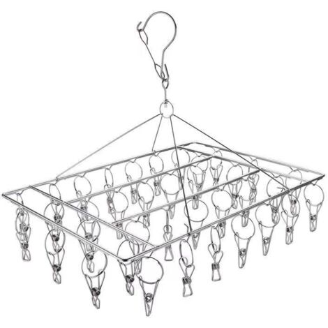 Cintre à chaussettes en métal, séchoir en acier inoxydable avec 36 pinces à linge et crochet pivotant, cintre carré en métal coupe-vent
