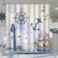 Nautical Shower Curtain Lighthouse Sailboat Compass Anchor 180 x 200cm Bath Curtain Polyester Fabric Mildew Proof Waterproof Washable Curtain