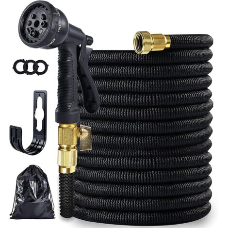 Tuyau D'arrosage Extensible Tuyau d'eau Flexible et Léger avec Buse de Pulvérisation À 8 Fonctions Tissu Extra Résistant Tuyau d'eau Étanche sans Torsion,Noir,25FT