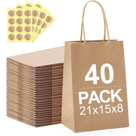 Sachet Kraft, 40 Sacs Cadeaux avec Poignée pour Noël, Mariage, Anniversaire, Fête - Papier pour la Nourriture, la Pâtisserie, le Shopping (21x15x8cm) (1/5)