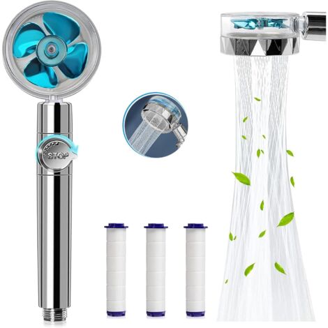 Douchette, Pommeau de Douche Anti Calcaire Économiseur d'Eau Haute Pression Tête de Douche Turbo Filtre à Trois Niveaux Système de Filtrage avec Filtre 3 Coton PP Remplaçable,Bleu (1/5)