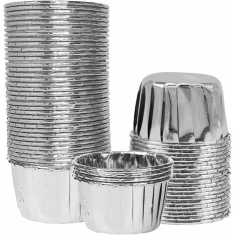 Lot de 50 caissettes à cupcakes doublées d'aluminium Mini caissettes à cupcakes Caisse à muffins Métalliques Moules à gâteaux Emballages en papier pour mariages anniversaires fêtes (argent) (1/5)
