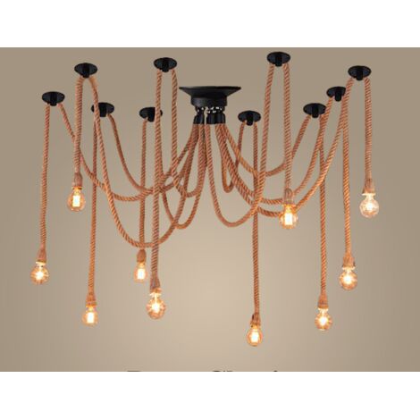 Lustre en Corde de Chanvre Suspension Luminaire Plafonnier Industriel Vintage Lampe 5 Têtes, Suspensions en Corde Bois de Style Campagnard pour DIY Edison Lampe Restaurant Bar Café Salon (1/3)