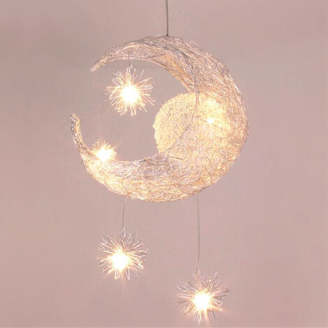 Lustre Suspension Lune étoiles LED Plafonnier Luminaire Aluminium avec 5 Ampoules pour Enfants Chambre, Lumière blanche chaude, 35cm (1/5)