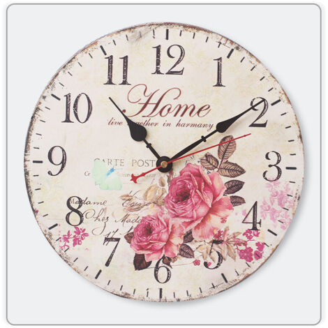 14" Horloge Murale Vintage Français Belle Rose Motif Floral Horloge Murale Chiffres Romains à Piles en Bois Horloge Murale à Quartz (1) (1/5)