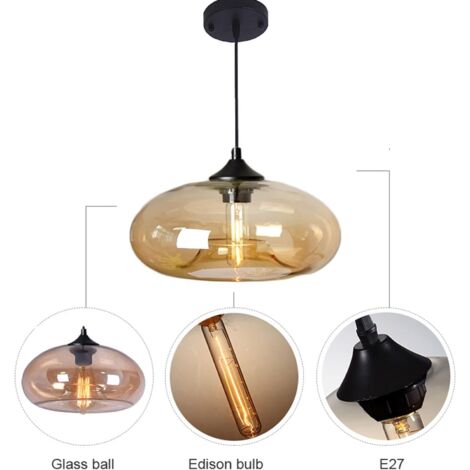 Suspension Industrielle Vintage Ronde en Verre Coloré, Lampe Suspendue au Plafond Retro Loft Bar E27, Lustre Pour Cuisine Salle À Manger Chambre (Gris) [Classe énergétique A+] (1/5)