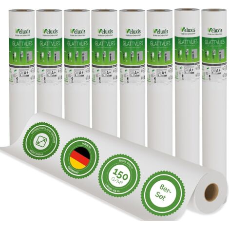 Veluxis® Premium Glattvlies als Untertapete & für Malerarbeiten – überstreichbar, rissüberbrückend, formstabil – Vlies Tapete, Wandvlies in Premium-Qualität (8er-Set Weiß, 25,00 m x 0,75 m - 150g/m²)