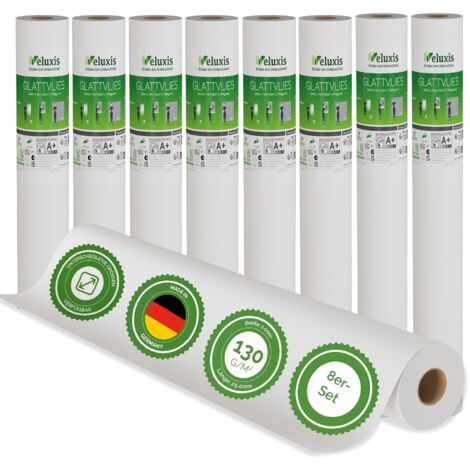 Veluxis® Premium Glattvlies als Untertapete & für Malerarbeiten – überstreichbar, rissüberbrückend, formstabil – Vlies Tapete, Wandvlies in Premium-Qualität (8er-Set Weiß, 25,00 m x 1 m - 130g/m²)