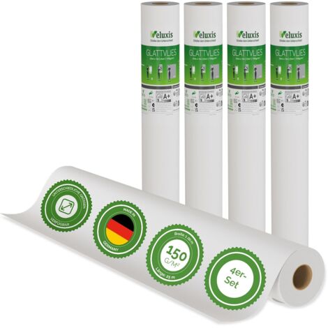 Veluxis® Premium Glattvlies als Untertapete & für Malerarbeiten – überstreichbar, rissüberbrückend, formstabil – Vlies Tapete, Wandvlies in Premium-Qualität (4er-Set Weiß, 25,00 m x 1 m - 150g/m²)