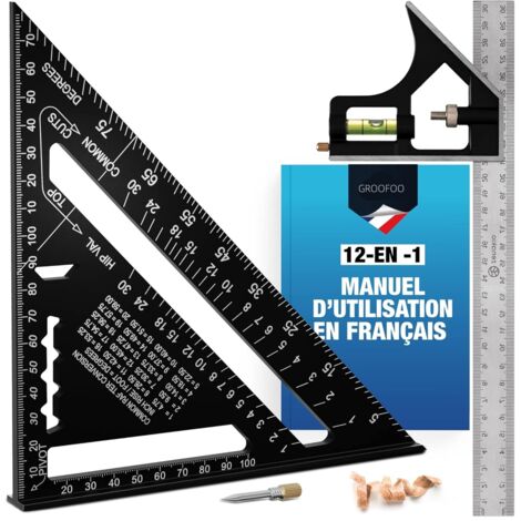 GROOFOO Equerre Menuisier (Set de 2) - Kit Complet Équerres de Charpentier 12-EN-1 - Équerre Trusquin Metal 185mm + Outils de Traçage 300mm - Equerres Multifonctionnels pour Bricolage Outillage
