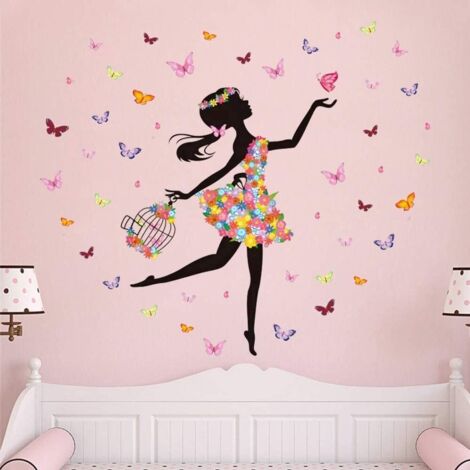 Stickers Muraux Fée Fleur Autocollants Mural Fille Papillon Stickers Muraux Cage à Oiseaux Fleur pour Chambre de Bébé Pépinière D'enfant Décoration Murale De La Maison 2pcs (1/5)