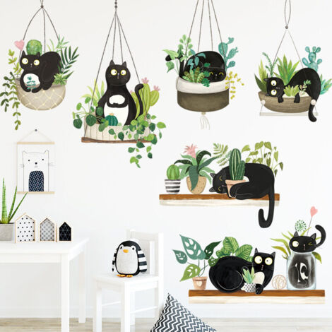 Plantes en Pot Vertes Cactus Sticker Mural Mignon Chat Noir Autocollants, Sticker Mural Bricolage Muraux Tropicaux Plante, Nature Fleurs Stickers muraux Papier Peint décoration (1/5)