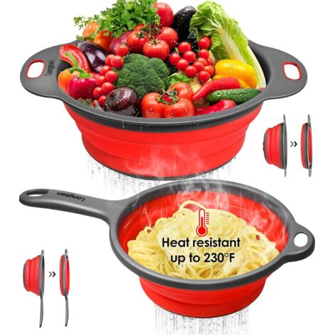 [Lot de 2] Passoires en Silicone Pliables, Passoire Retractable en Maille de Cuisine pour Pâtes, Légumes/Fruits, diamètre 9,5 Pouces et 8 Pouces avec Poignées Extensibles (Rouge) (1/5)