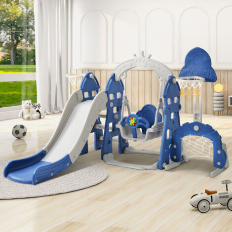 Toboggan pour enfants, toboggan multifonctionnel 5 en 1 pour tout-petits avec panier de basket, but de football, balançoire, tour d'escalade, pour enfants de 2 à 8 ans, bleu (1/5)