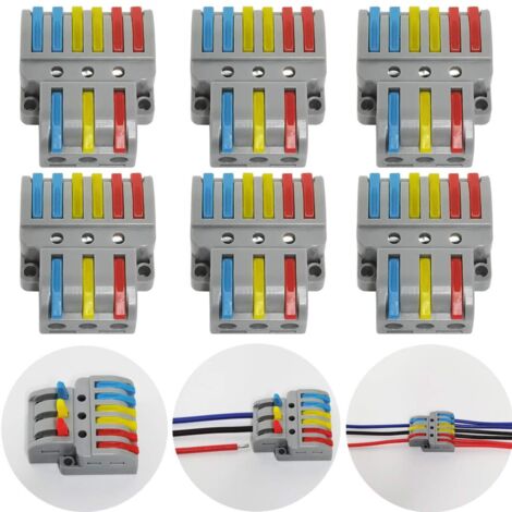 Connecteur Electrique, 6 Pcs Bornier Electrique, avec levier de fonctionnement, Compact Borne de connexion électrique Automatique, Avec vis de montage (3 in 6 out) (1/5)
