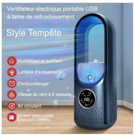 Ventilateur électrique portable USB à lame de refroidissement d'air, minuterie silencieuse à 6 vitesses climatisation humidificateur (1/5)