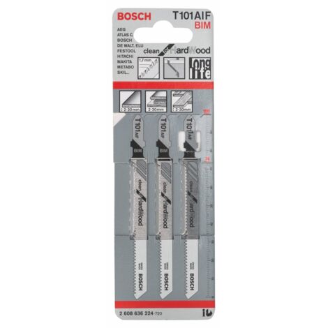 Bosch Professional 3 x Lame per seghetto alternativo T 101 AIF Clean for Hard Wood (per Legno duro, straight cut, accessorio Seghetto alternativo)