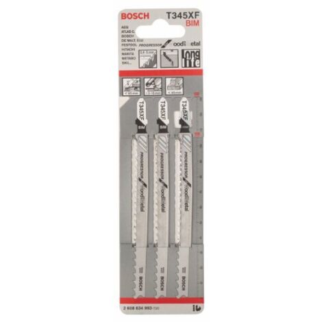 Bosch 3x Lama per seghetto alternativo T 345 XF Progressor for Wood and Metal (per Legno, Materiale plastico, Metalli ferrosi, Metallo non ferroso, 132 mm, Accessorio Seghetto alternativo)
