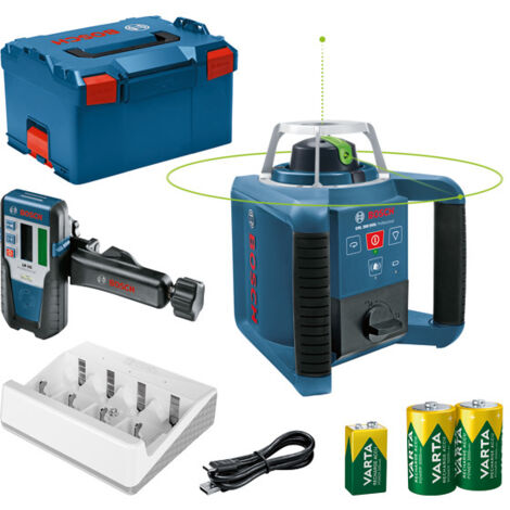 Bosch Professional Nivel láser giratorio GRL 300 HVG (haz de luz verde, receptor láser LR 1 G, alcance hasta 300 m de diámetro, batteries rechargeables VARTA (2xD, 1x9V), Cargador, en L-Boxx)