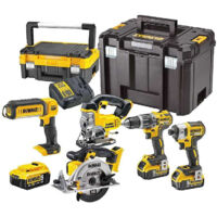 DEWALT DCK551P3T-QW - Kit de Herramientas, Taladro percutor, Atornillador de impacto, Sierra circular, Sierra calar, Linterna, 3 baterías XR 18V Litio 5Ah, cargador y maletines TSTAK I y VI.