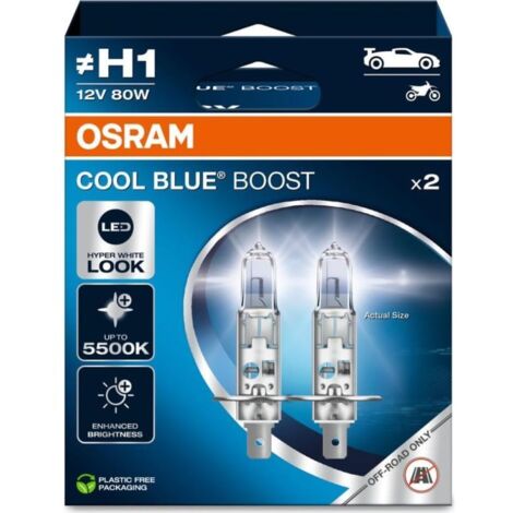 2X OSRAM H1 80W COOL BLUE BOOST, LAMPE DE PHARE HALOGÈNE, 62150CBB-2HB, 12V, P14.5s BOÎTE DUO