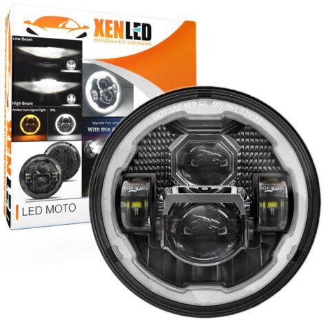 Phare Full LED Moto M-991 - 4 Lentilles - Rond 7" 84W 5900Lms 5500K Feux de jour - Noir - XENLED