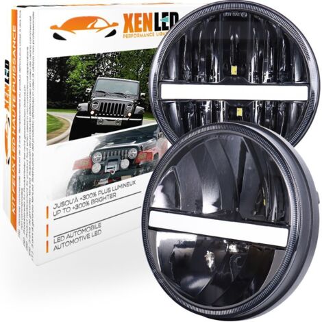 Phares LED 7" Look Origine avec Feux de jour, Jeep, Wrangler, Chevrolet, Honda 45W - Homologué - Noir - La paire