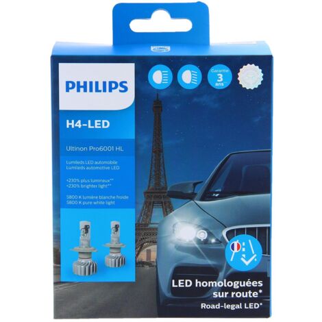 Philips – Ampoules LED H4 Ultinon Pro – Luminosité jusqu'à 230 % – Faisceau proche lumière du jour – Installation facile tout-en-un