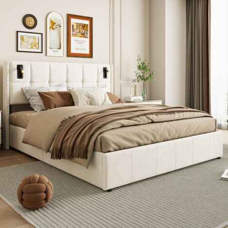 Letto contenitore 140 x 200 con lampada da lettura, letto matrimoniale con rete e contenitore, letto 140x200 con rete a doghe in legno, letto matrimoniale imbottito in velluto beige
