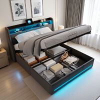 Letto contenitore 140 x 200 cm, letto matrimoniale con LED e USB, letto idraulico con contenitore, letto 140x200 con rete a doghe in legno, letto matrimoniale per adulti in lino grigio