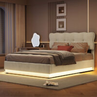 letto contenitore 140 x 200, letto matrimoniale con contenitore e LED, letto 140x200 con rete, letto idraulico con telaio in legno a doghe, velluto beige