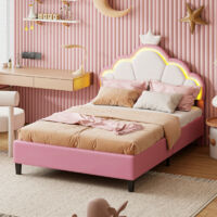 Letto bambino 90 x 200 cm, letto principessa con testiera imbottita a forma di corona e luci LED, letto singolo, letto 90x200 con rete, letto per bambina in PU rosa