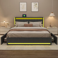 BSMGSGN-Letto contenitore 180x200 cm con LED, 4 cassetti, testiera imbottita, porte USB e Type-C, struttura con doghe, letto matrimoniale in lino grigio scuro per 2 persone, senza materasso